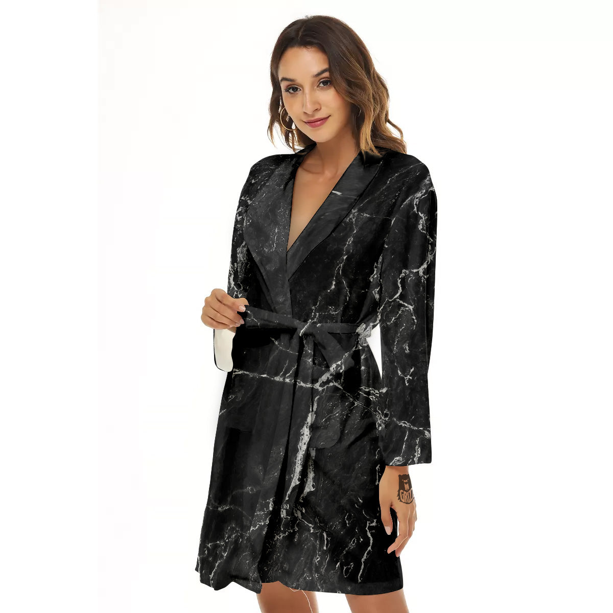 Marble Dark Black Grey Print Women's Robe-grizzshop