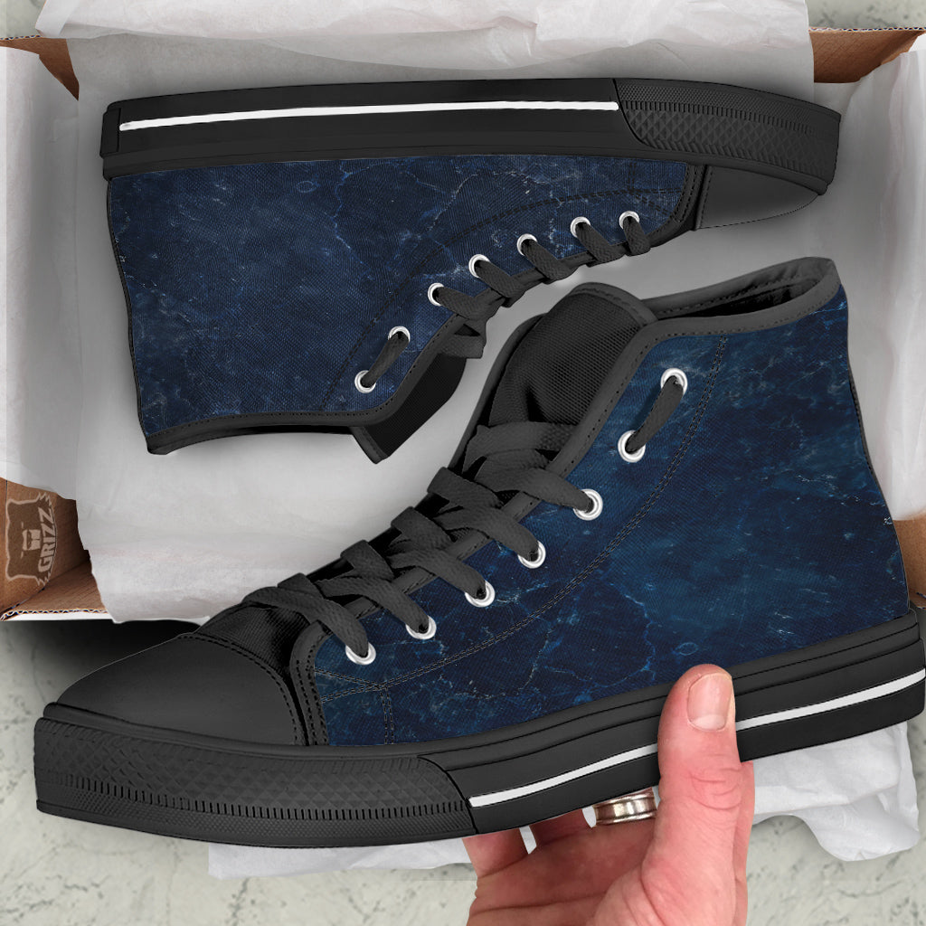 Marble Dark Blue Print Black High Top Shoes-grizzshop