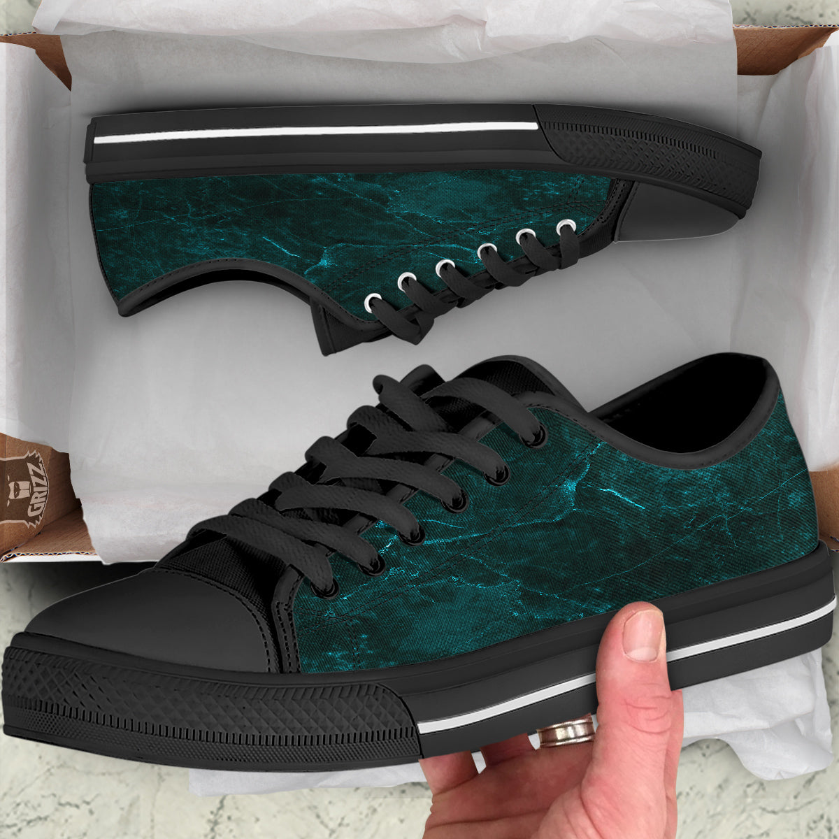 Marble Dark Green Print Black Low Top Shoes-grizzshop