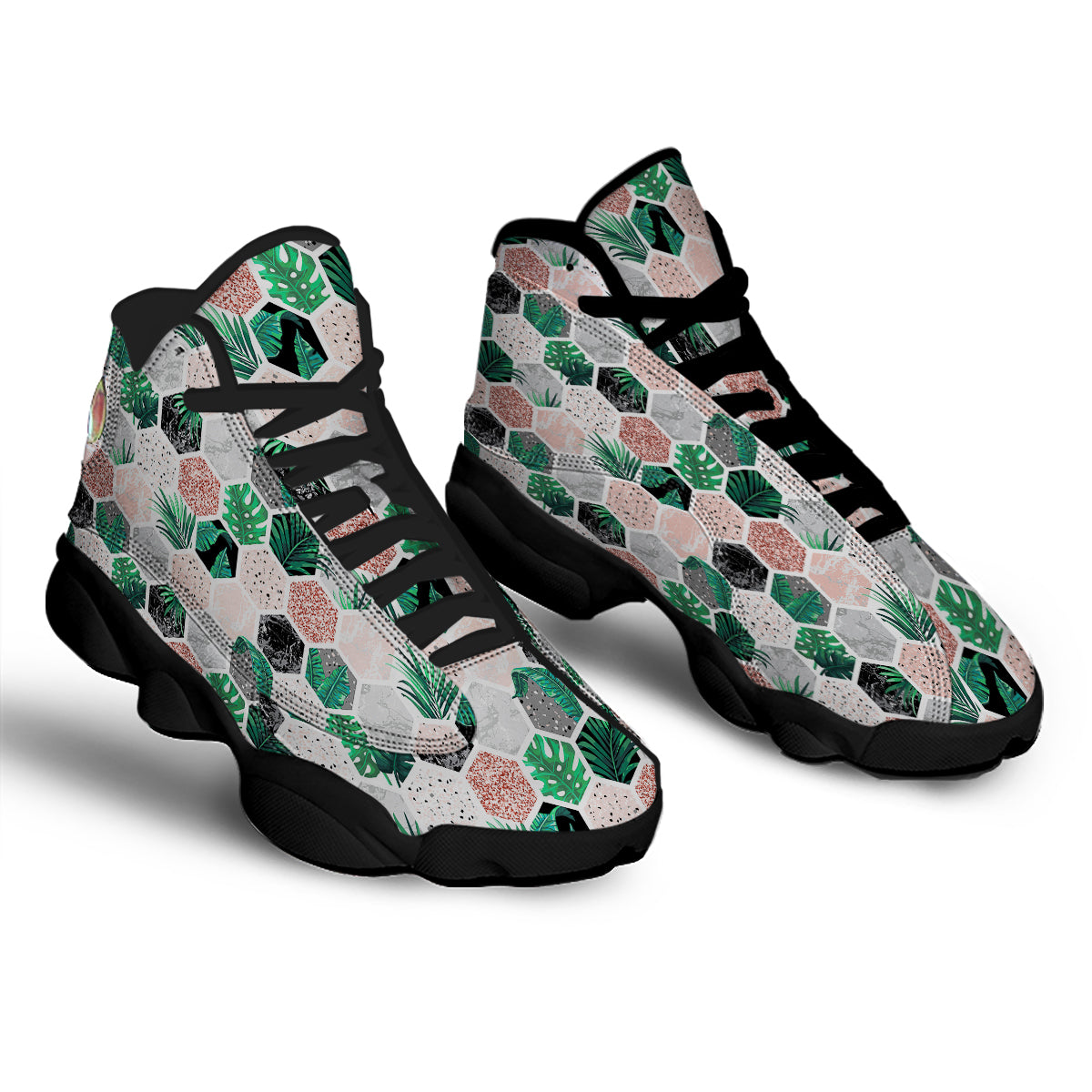 Marble Geometric And Tropical Leaves Print Black Basketball Shoes-grizzshop
