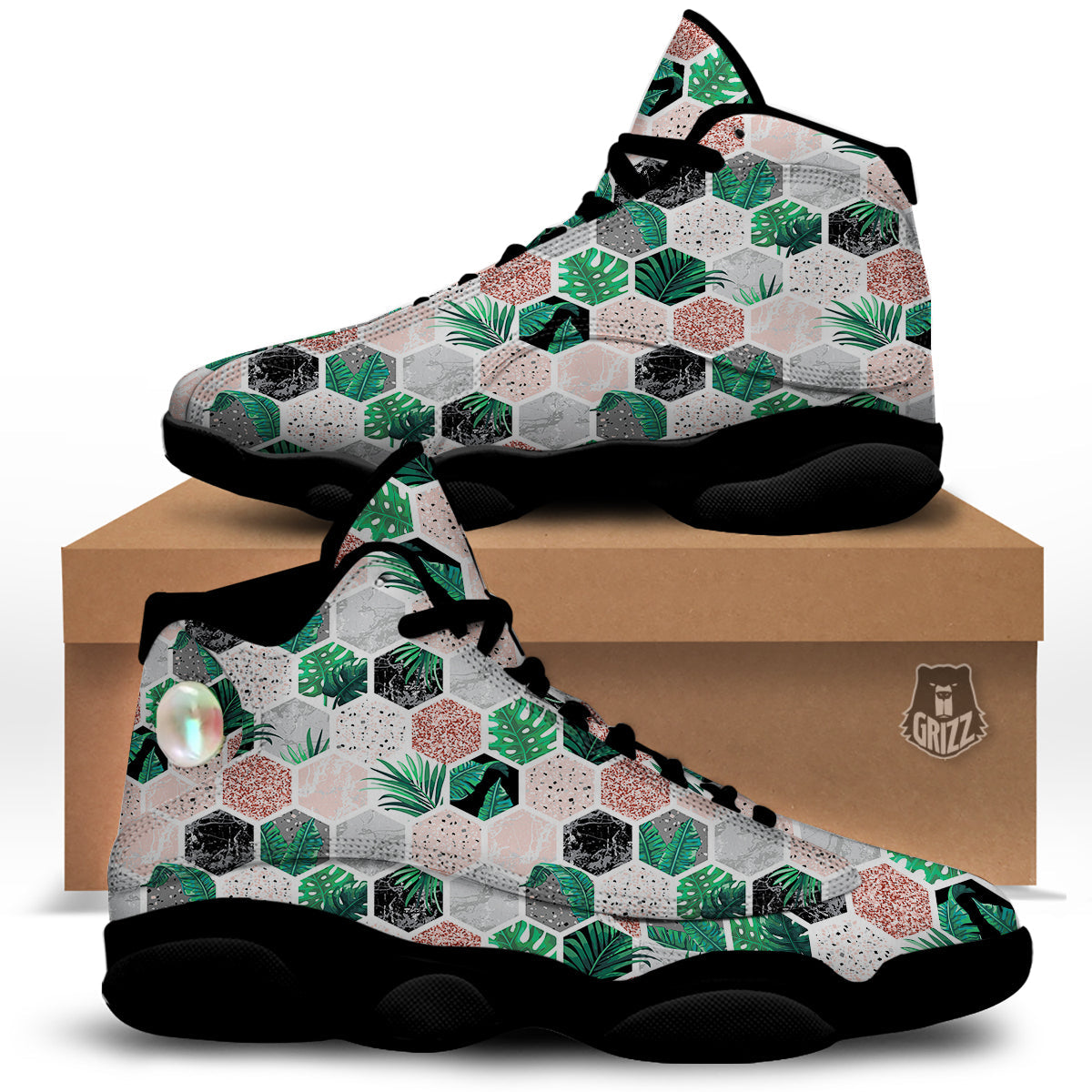 Marble Geometric And Tropical Leaves Print Black Basketball Shoes-grizzshop