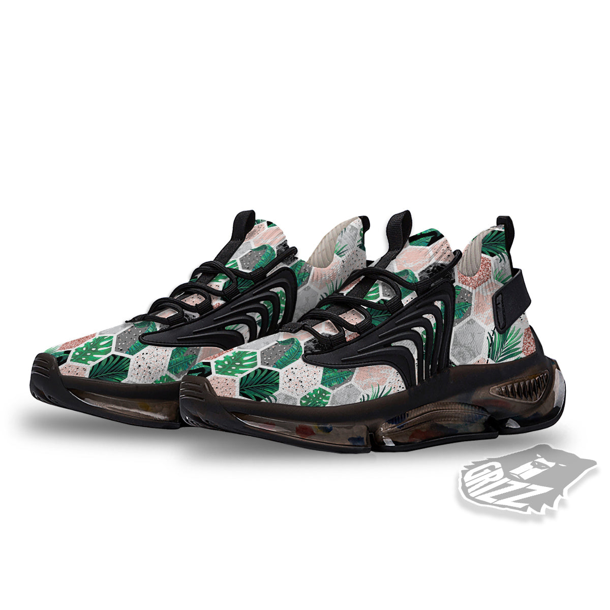 Marble Geometric And Tropical Leaves Print Black Gym Shoes-grizzshop