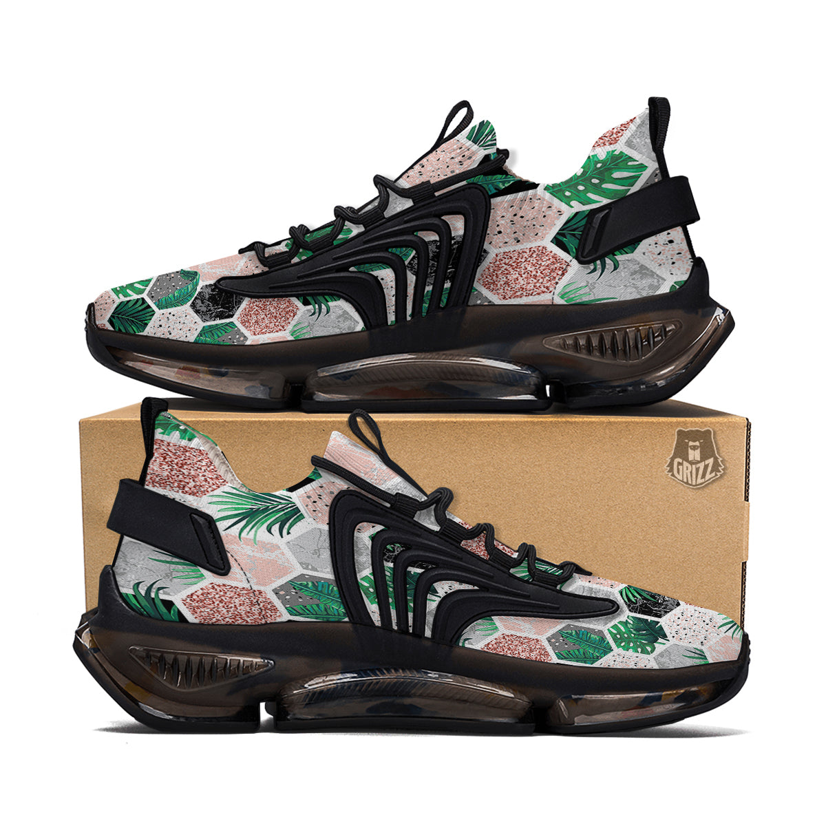Marble Geometric And Tropical Leaves Print Black Gym Shoes-grizzshop