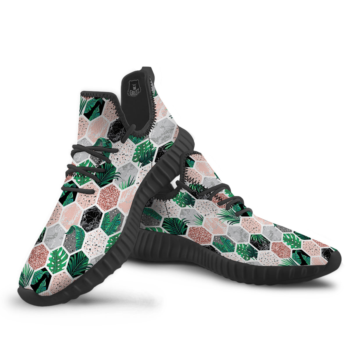 Marble Geometric And Tropical Leaves Print Black Walking Shoes-grizzshop