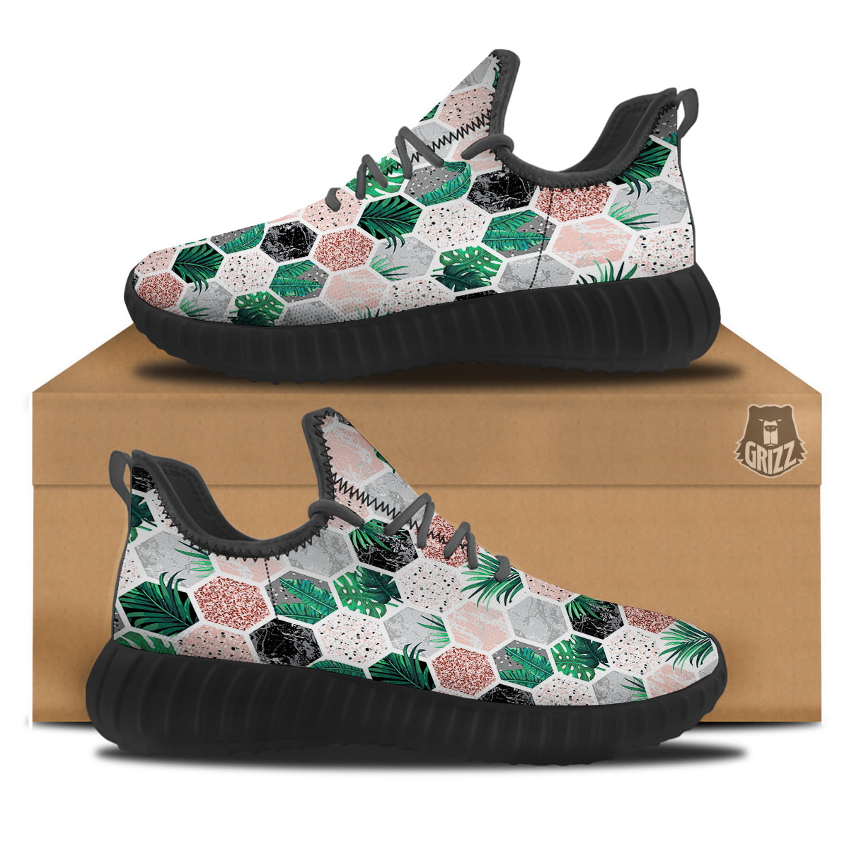 Marble Geometric And Tropical Leaves Print Black Walking Shoes-grizzshop
