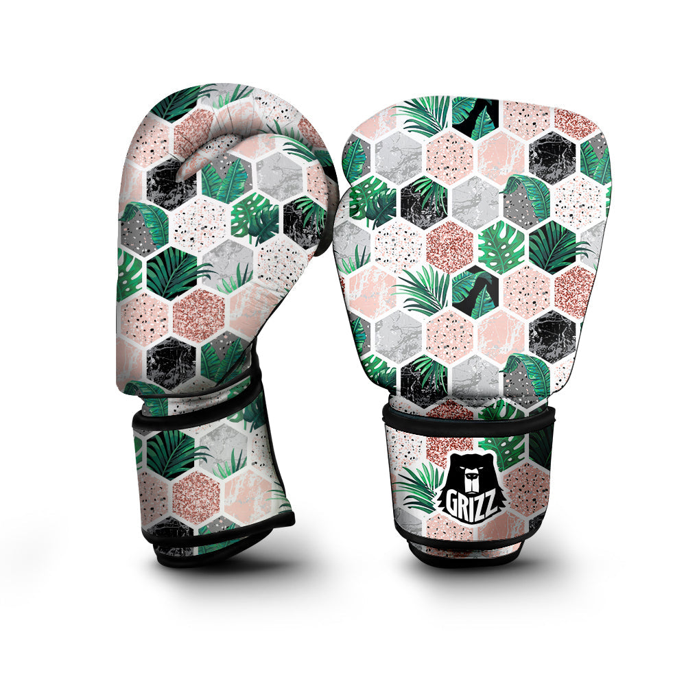 Marble Geometric And Tropical Leaves Print Boxing Gloves-grizzshop