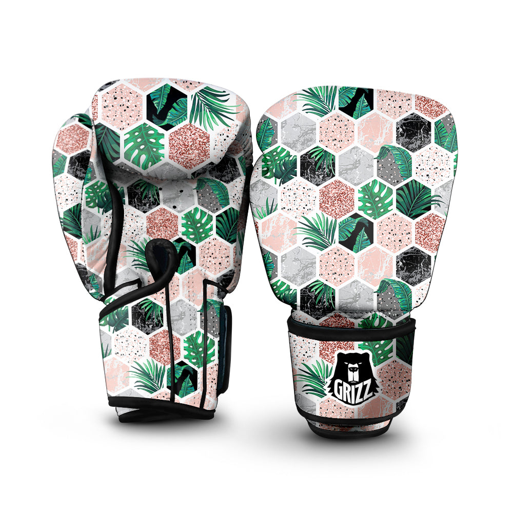 Marble Geometric And Tropical Leaves Print Boxing Gloves-grizzshop