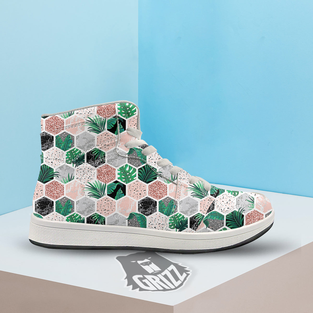 Marble Geometric And Tropical Leaves Print High Top Sneakers-grizzshop