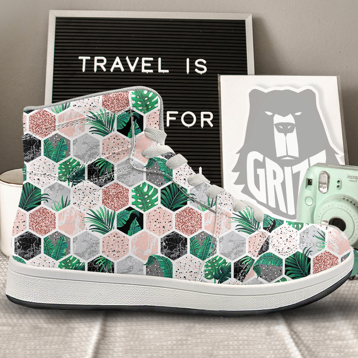 Marble Geometric And Tropical Leaves Print High Top Sneakers-grizzshop