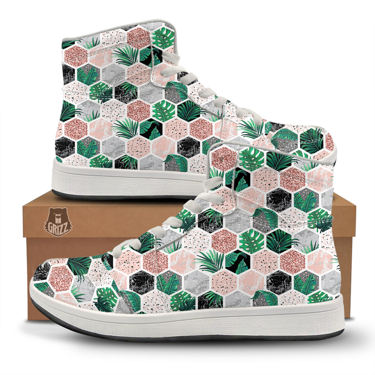 Marble Geometric And Tropical Leaves Print High Top Sneakers-grizzshop