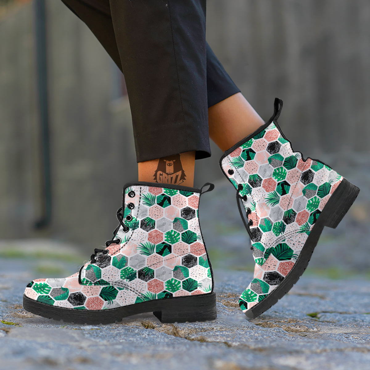 Marble Geometric And Tropical Leaves Print Leather Boots-grizzshop