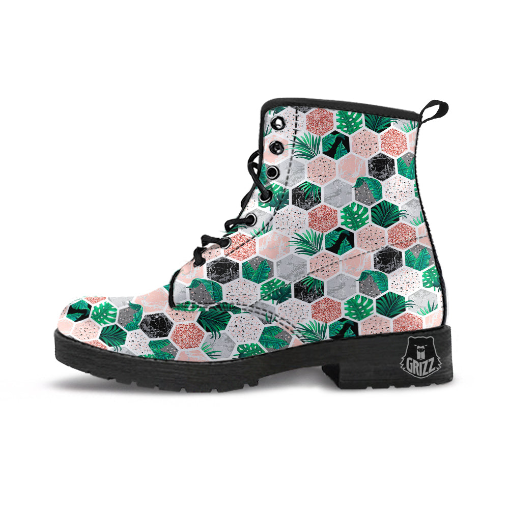 Marble Geometric And Tropical Leaves Print Leather Boots-grizzshop