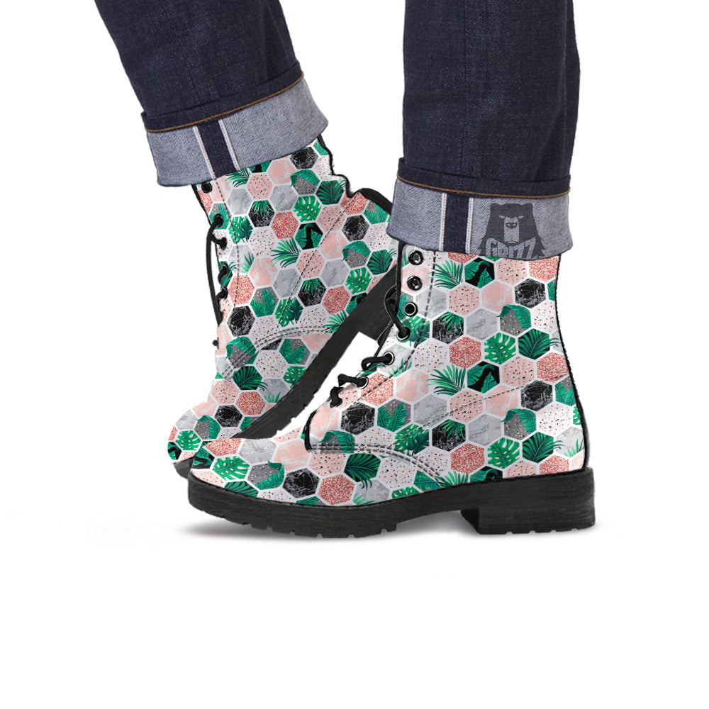 Marble Geometric And Tropical Leaves Print Leather Boots-grizzshop