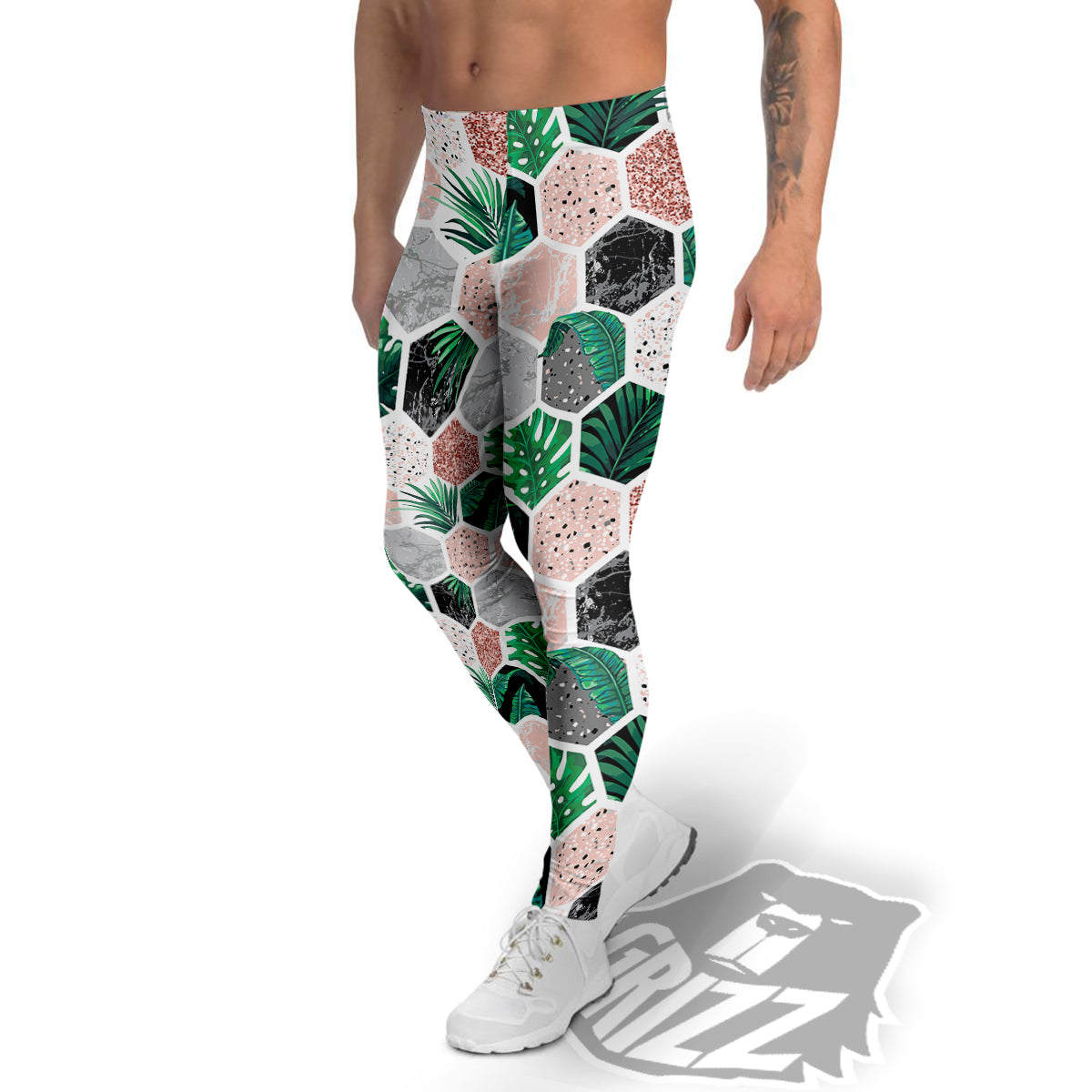 Marble Geometric And Tropical Leaves Print Men's Leggings-grizzshop