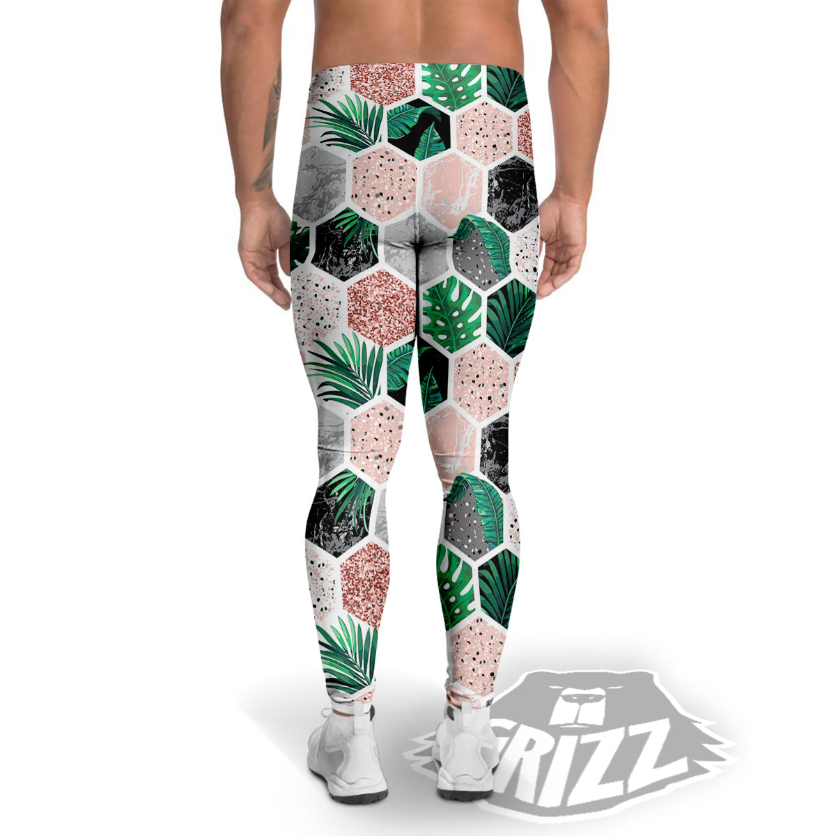 Marble Geometric And Tropical Leaves Print Men's Leggings-grizzshop