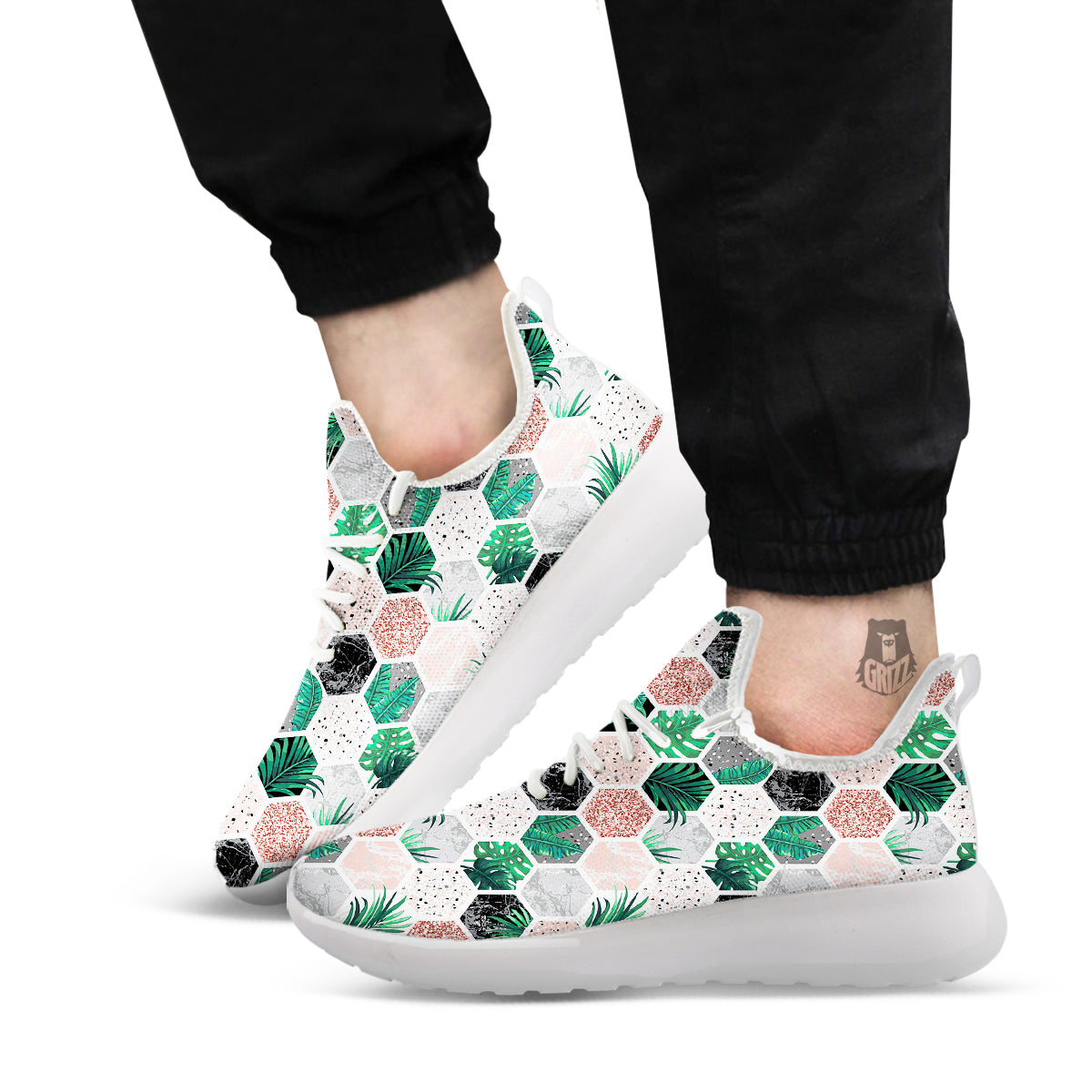 Marble Geometric And Tropical Leaves Print White Athletic Shoes-grizzshop