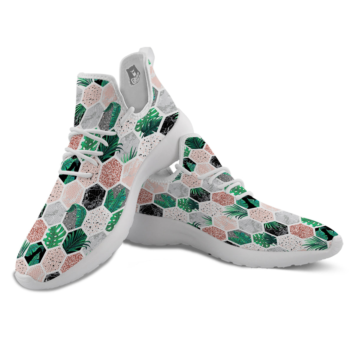Marble Geometric And Tropical Leaves Print White Athletic Shoes-grizzshop