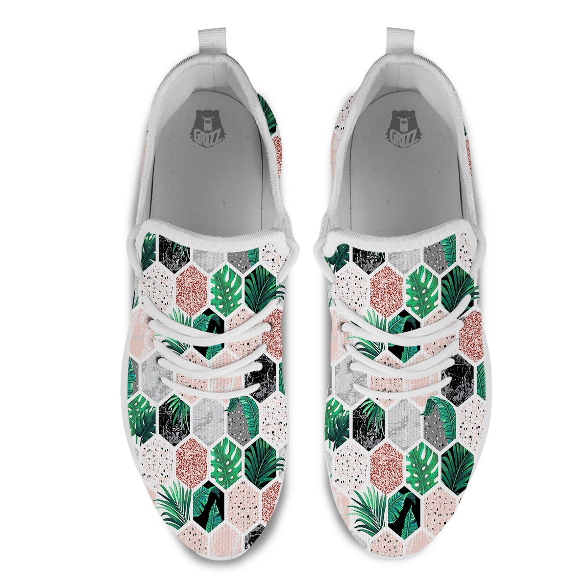 Marble Geometric And Tropical Leaves Print White Athletic Shoes-grizzshop