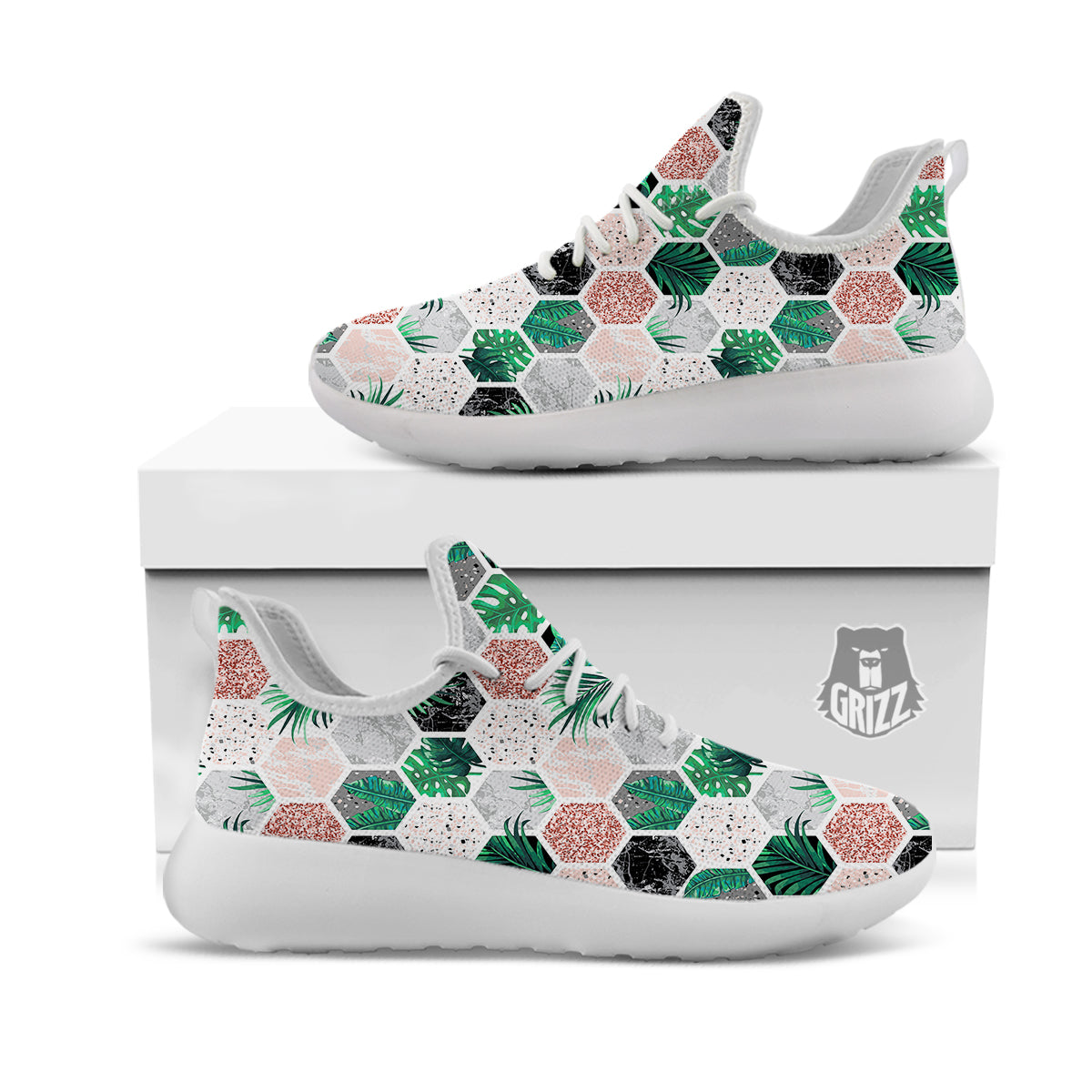 Marble Geometric And Tropical Leaves Print White Athletic Shoes-grizzshop
