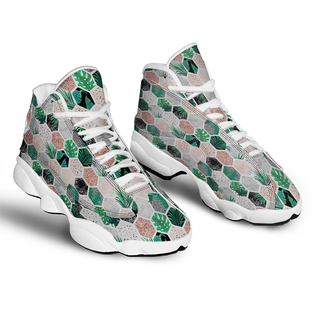 Marble Geometric And Tropical Leaves Print White Basketball Shoes-grizzshop