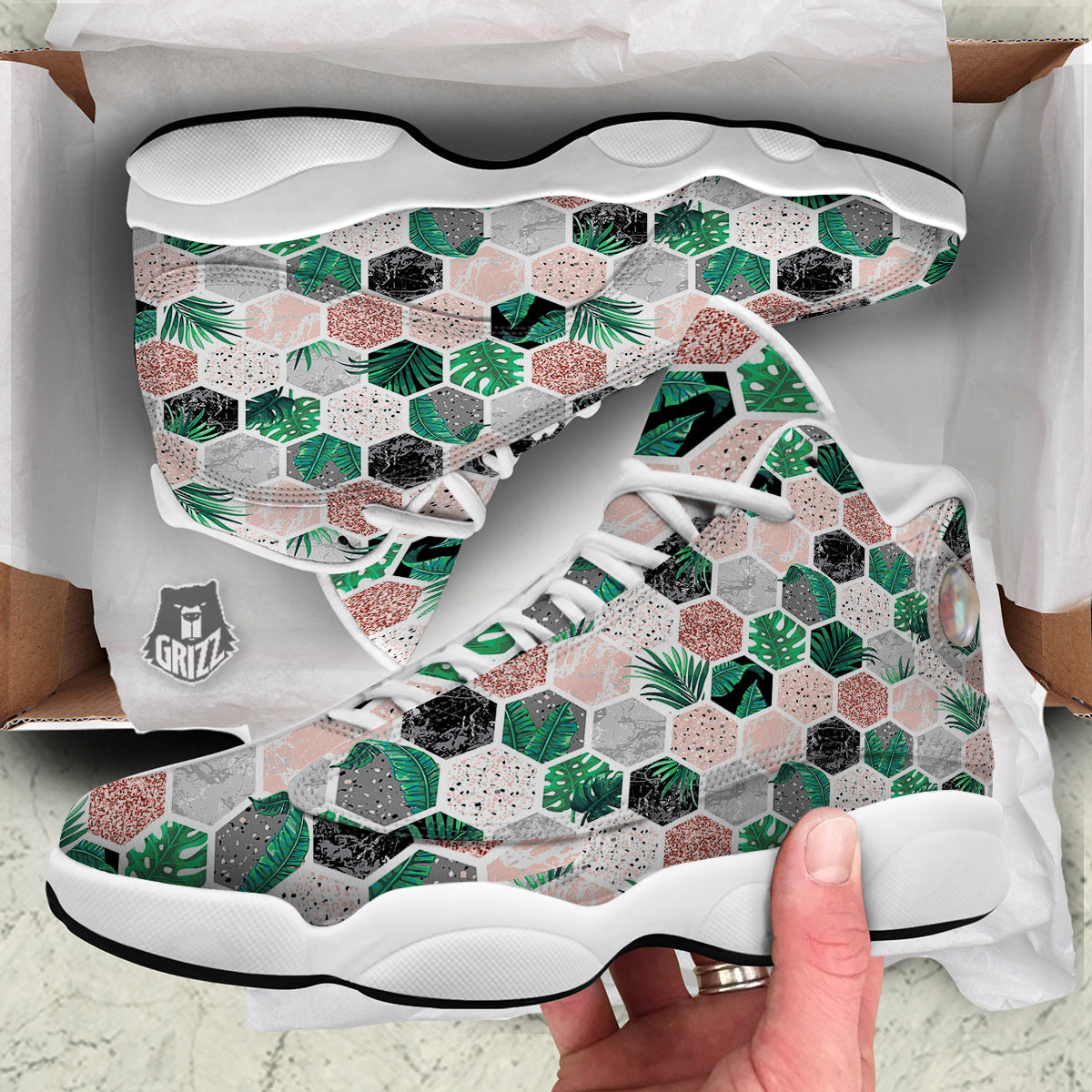 Marble Geometric And Tropical Leaves Print White Basketball Shoes-grizzshop
