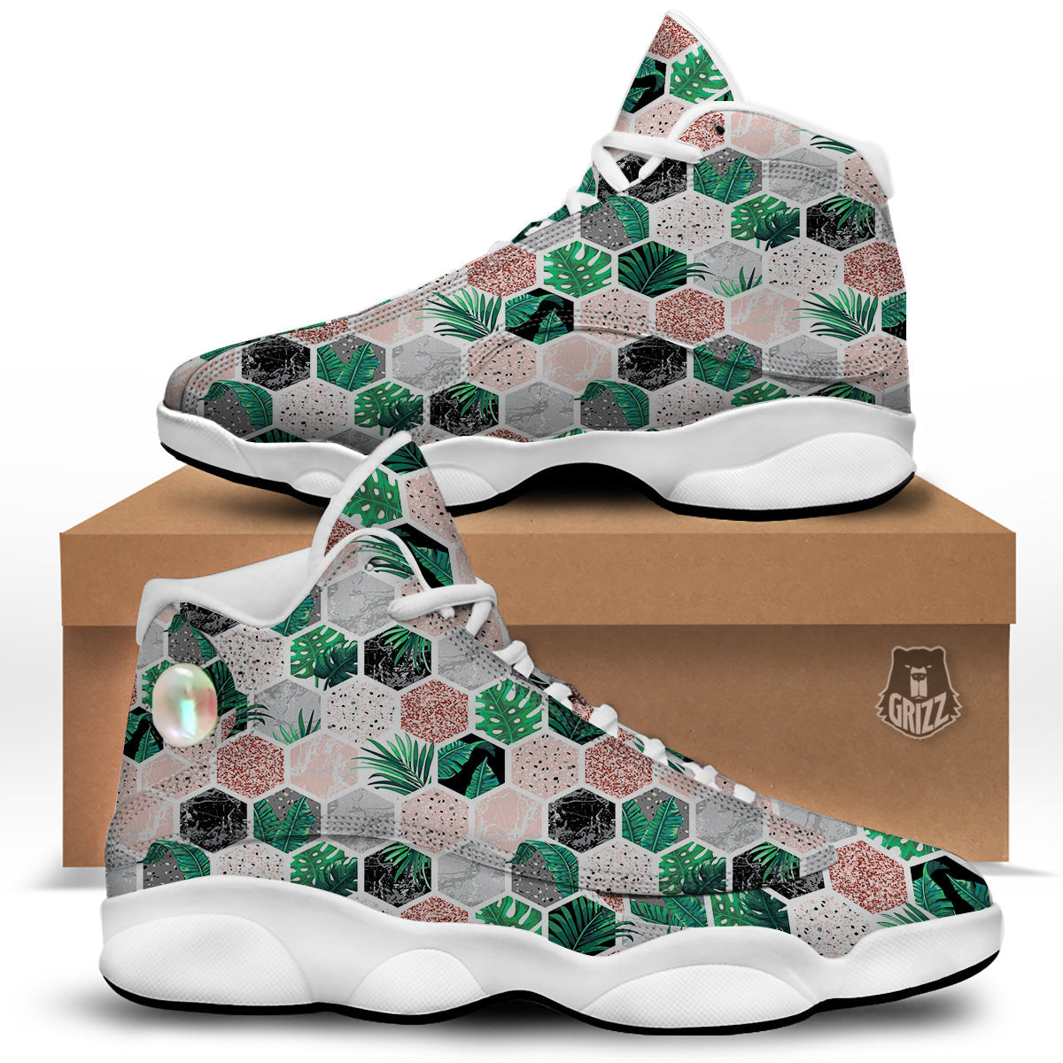 Marble Geometric And Tropical Leaves Print White Basketball Shoes-grizzshop