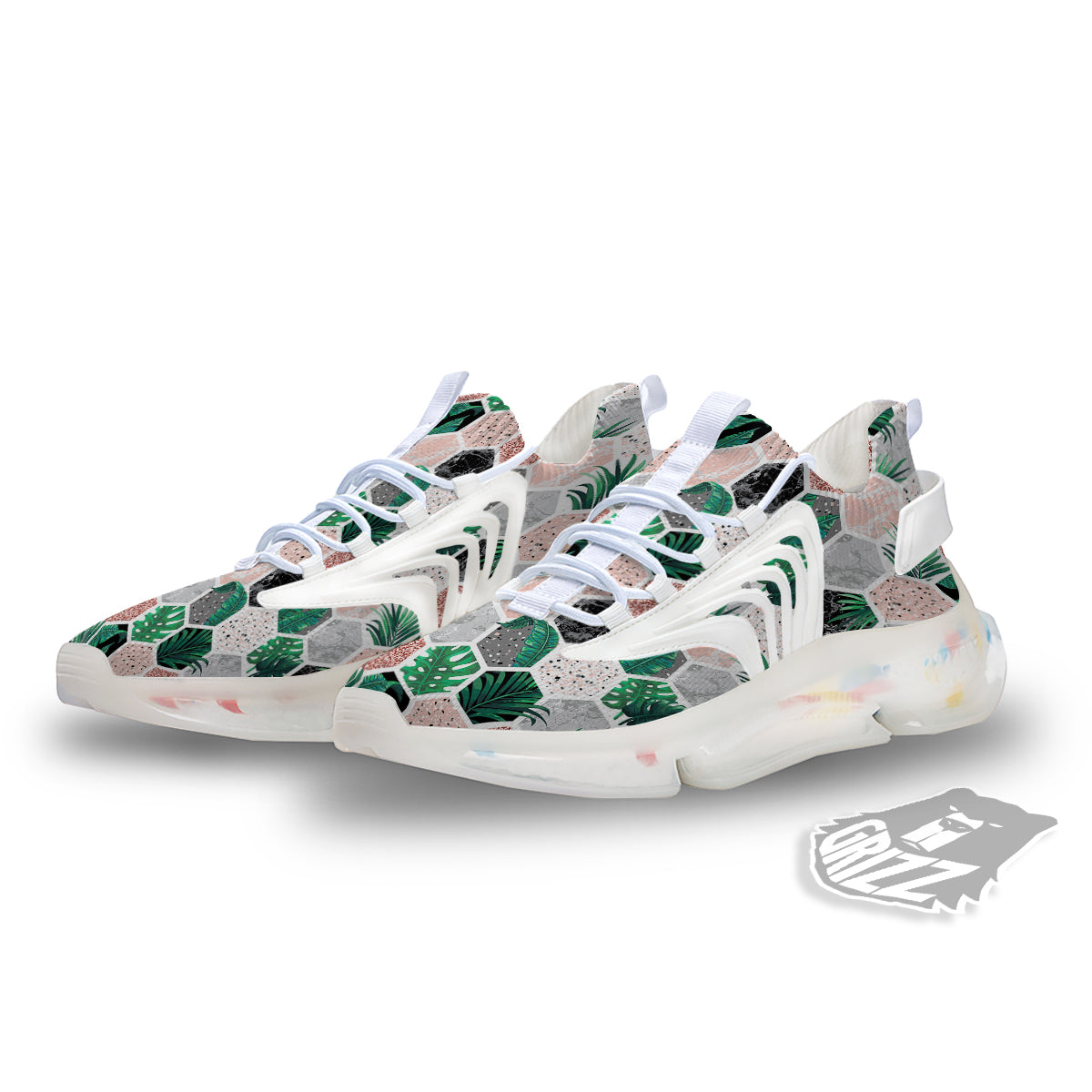 Marble Geometric And Tropical Leaves Print White Gym Shoes-grizzshop