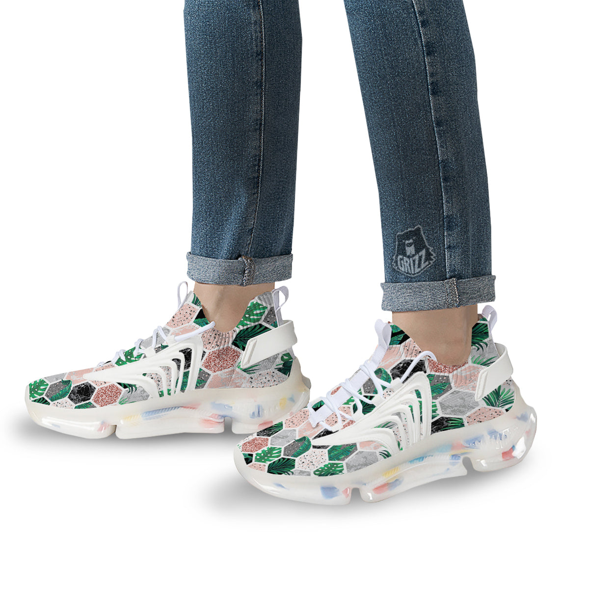 Marble Geometric And Tropical Leaves Print White Gym Shoes-grizzshop