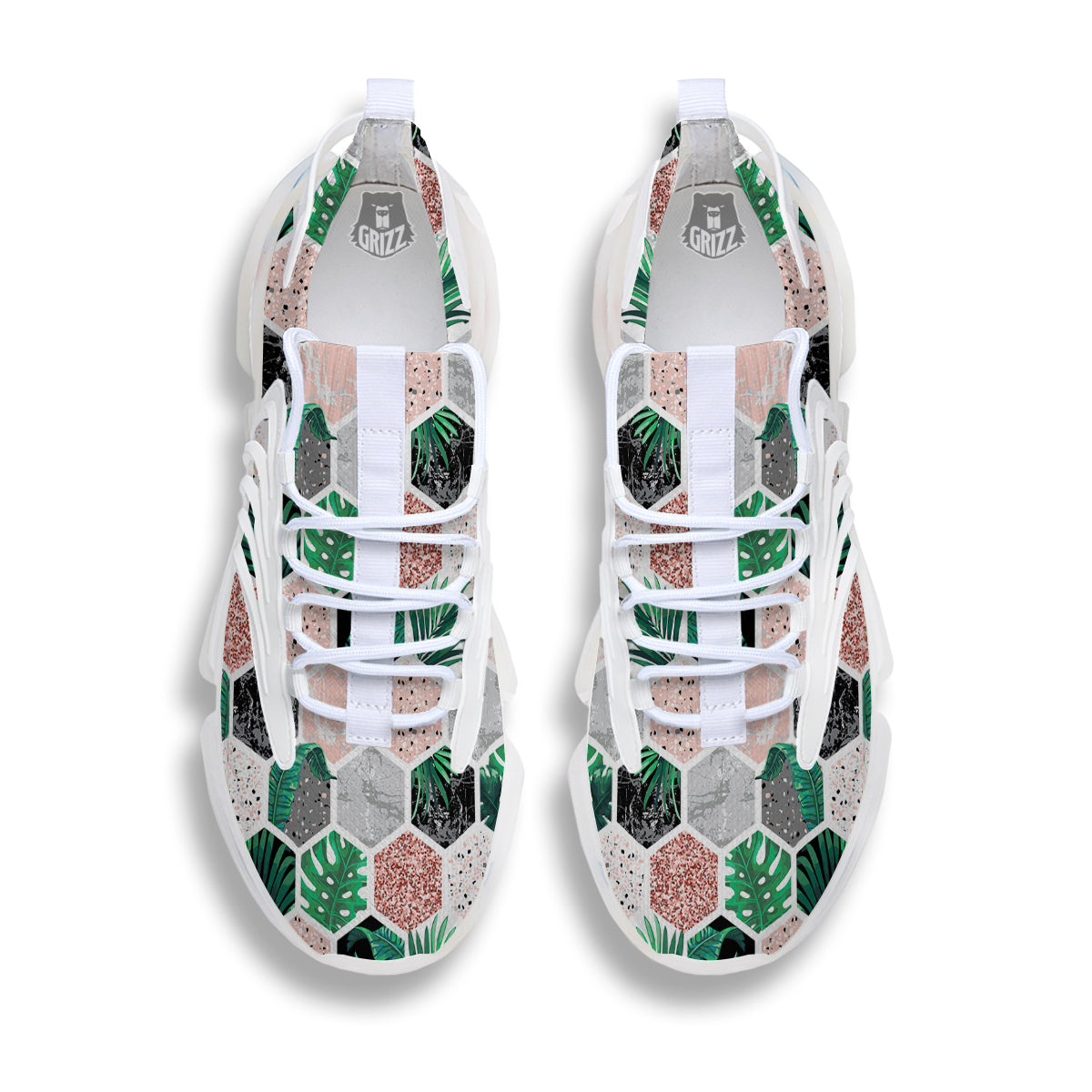 Marble Geometric And Tropical Leaves Print White Gym Shoes-grizzshop