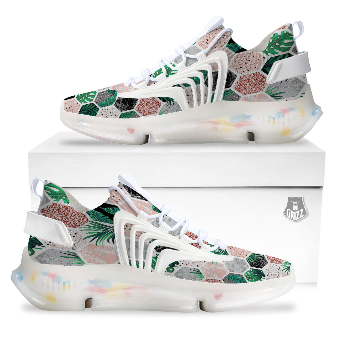 Marble Geometric And Tropical Leaves Print White Gym Shoes-grizzshop