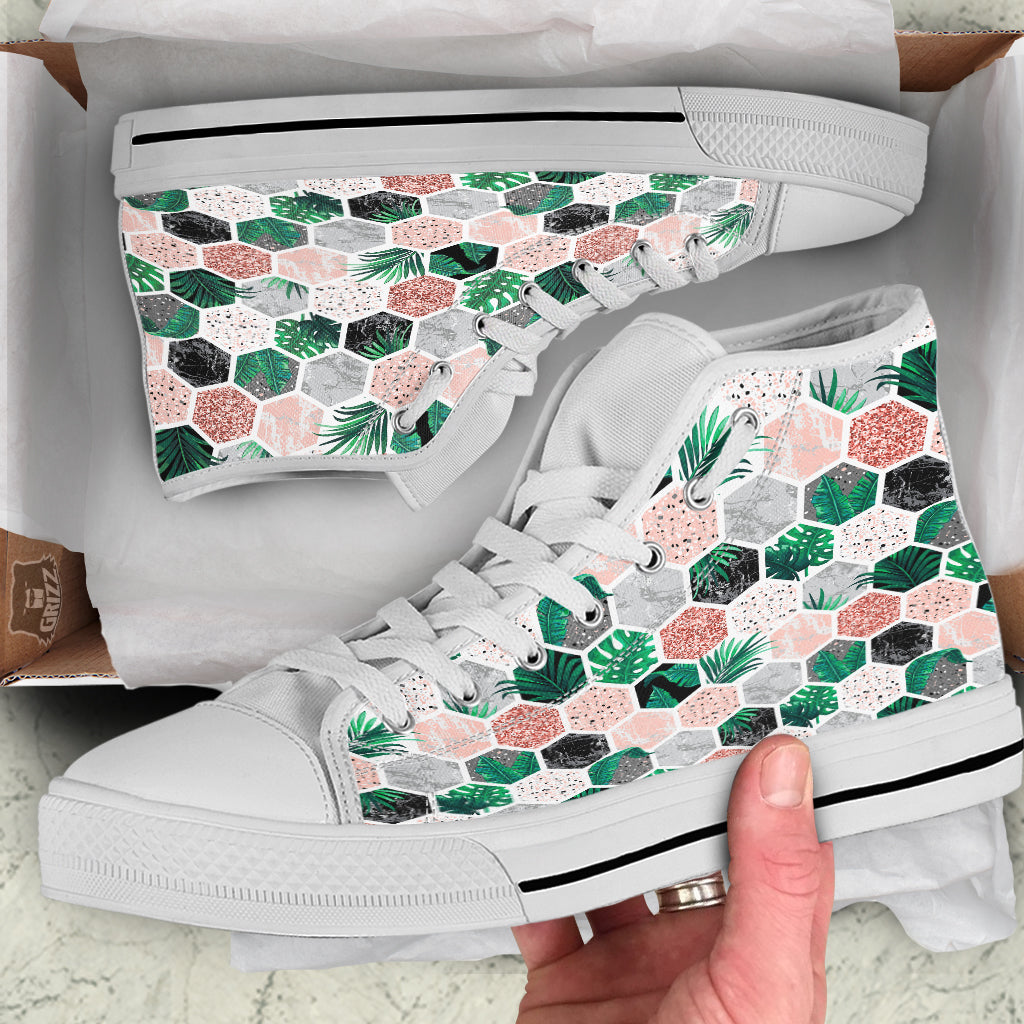 Marble Geometric And Tropical Leaves Print White High Top Shoes-grizzshop