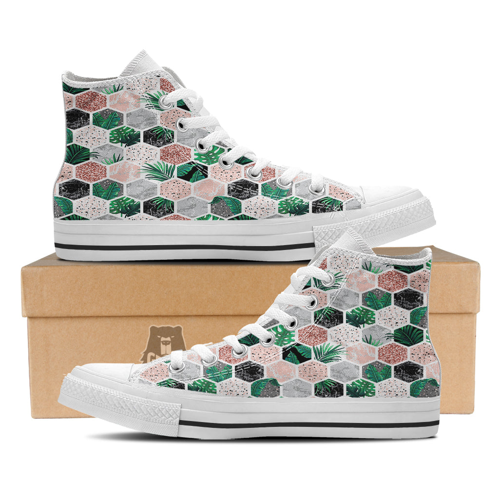 Marble Geometric And Tropical Leaves Print White High Top Shoes-grizzshop