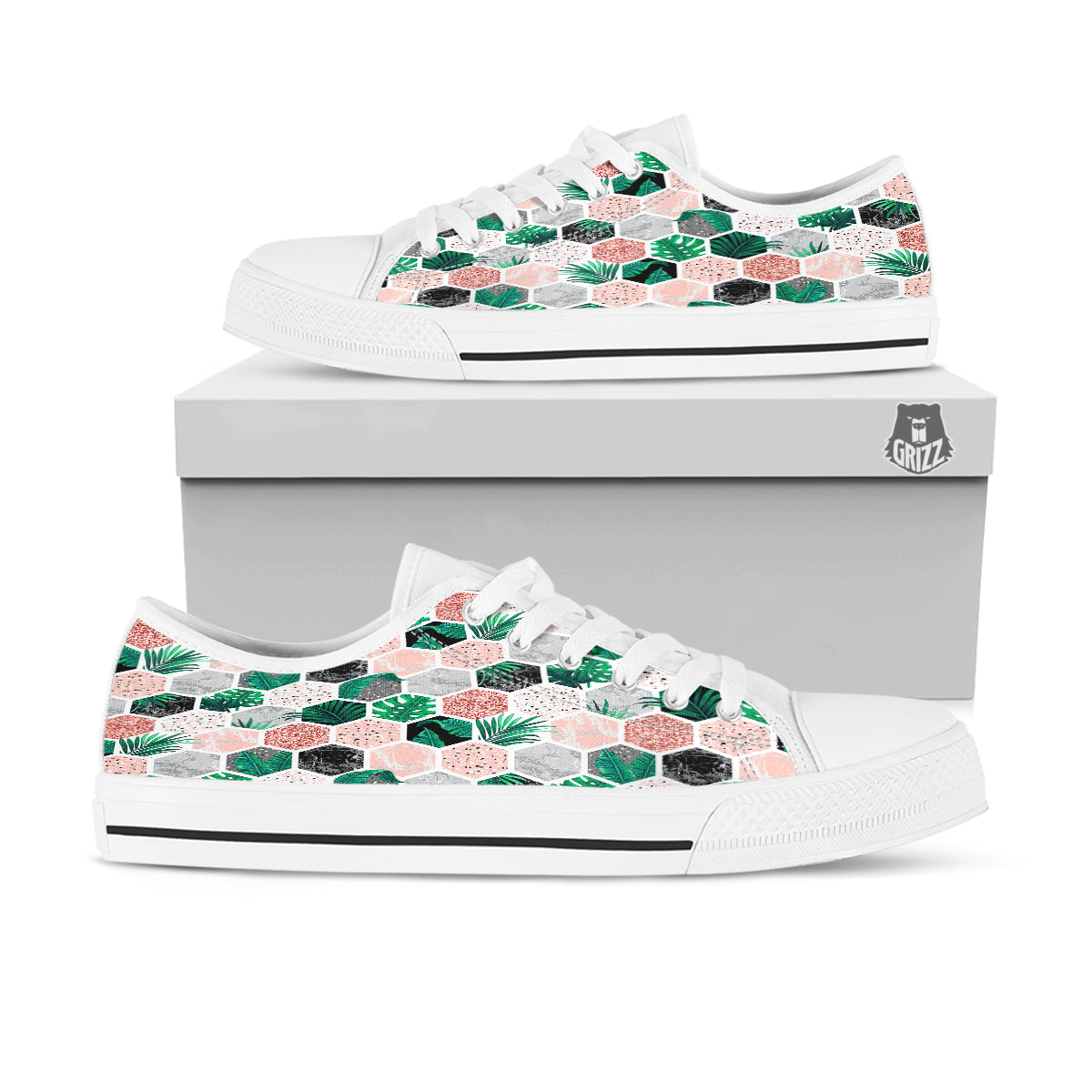 Marble Geometric And Tropical Leaves Print White Low Top Shoes-grizzshop
