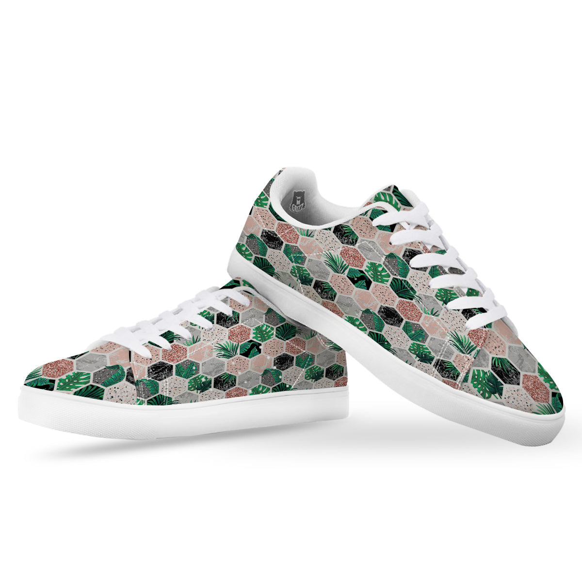 Marble Geometric And Tropical Leaves Print White Low Top Sneakers-grizzshop