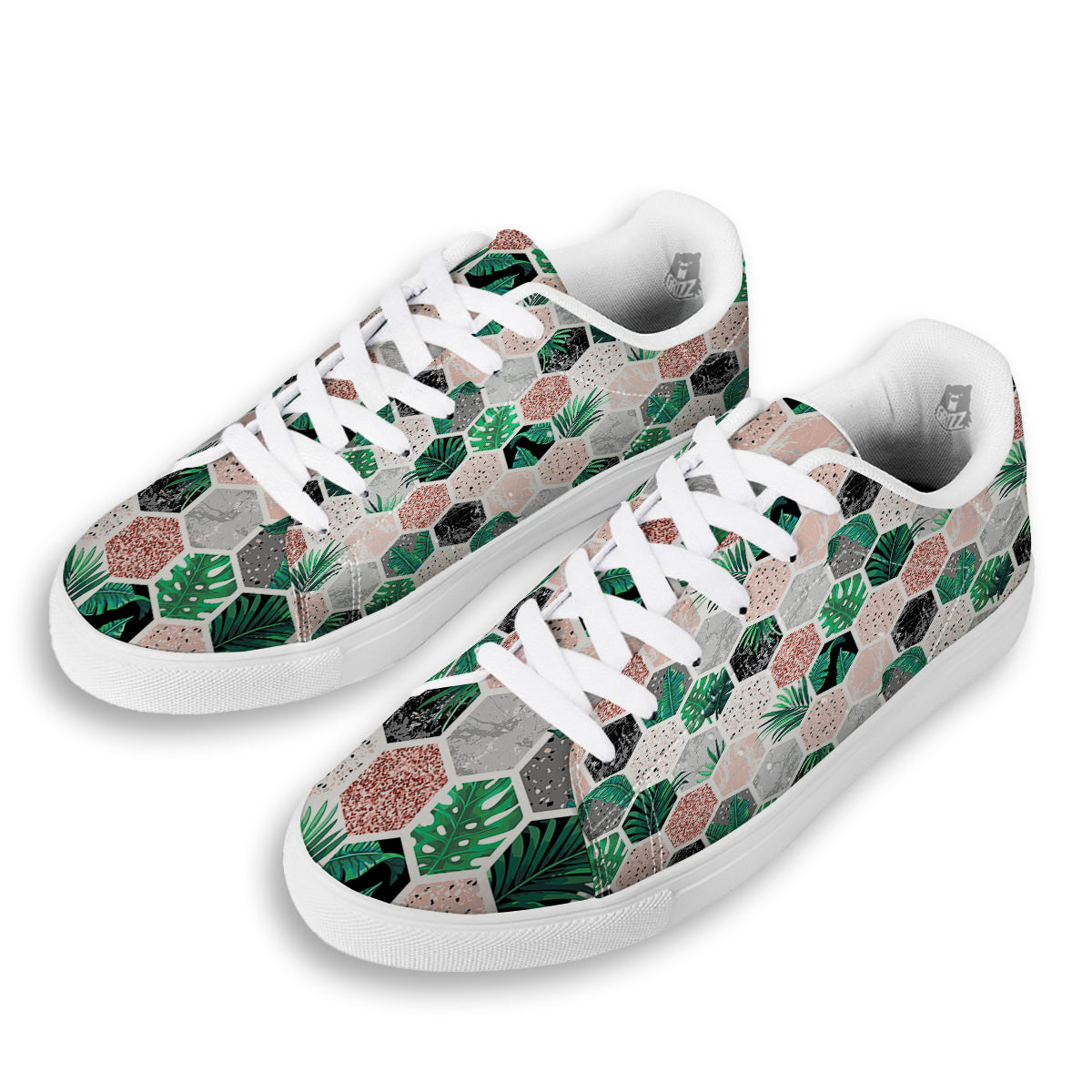 Marble Geometric And Tropical Leaves Print White Low Top Sneakers-grizzshop