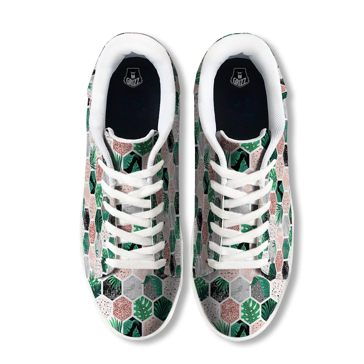 Marble Geometric And Tropical Leaves Print White Low Top Sneakers-grizzshop