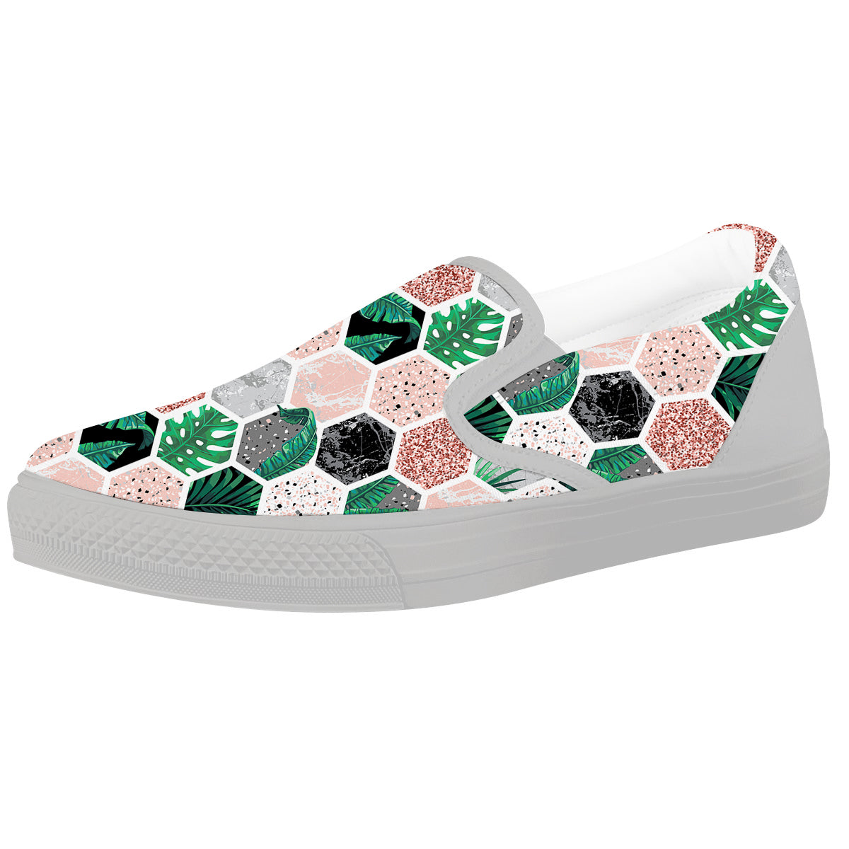Marble Geometric And Tropical Leaves Print White Slip On Shoes-grizzshop