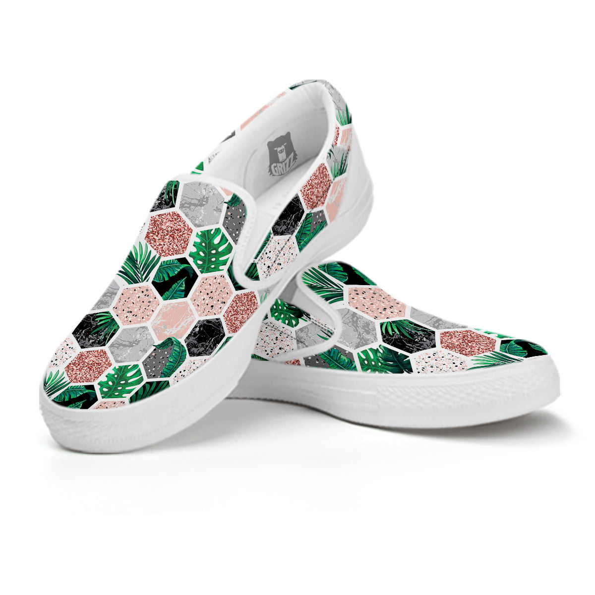 Marble Geometric And Tropical Leaves Print White Slip On Shoes-grizzshop