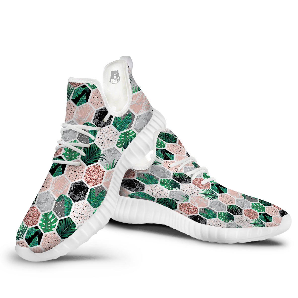 Marble Geometric And Tropical Leaves Print White Walking Shoes-grizzshop