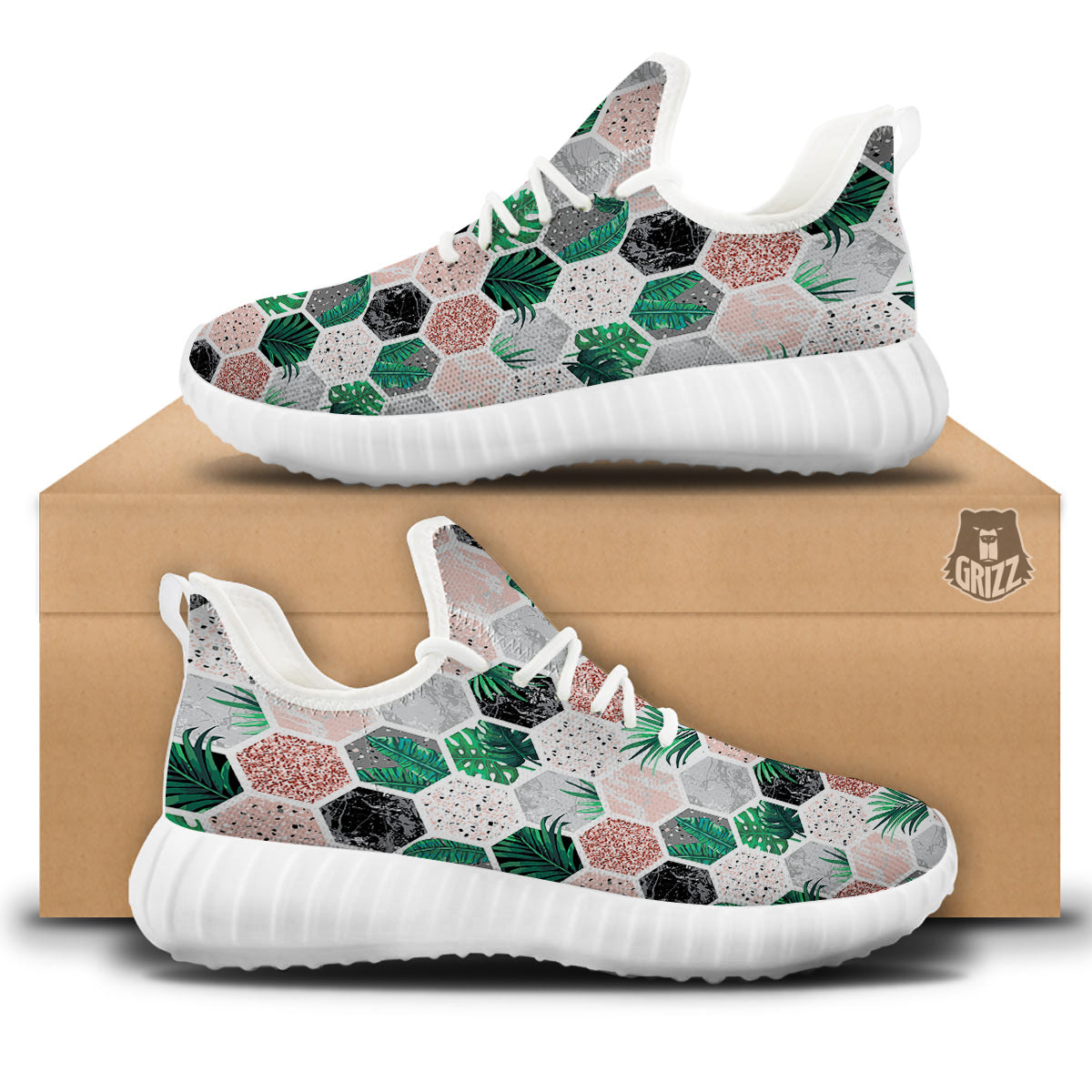 Marble Geometric And Tropical Leaves Print White Walking Shoes-grizzshop