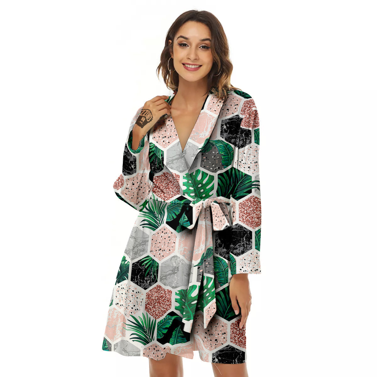 Marble Geometric And Tropical Leaves Print Women's Robe-grizzshop
