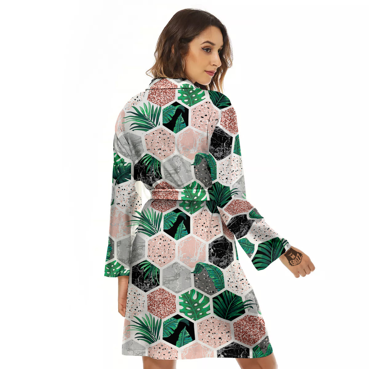Marble Geometric And Tropical Leaves Print Women's Robe-grizzshop