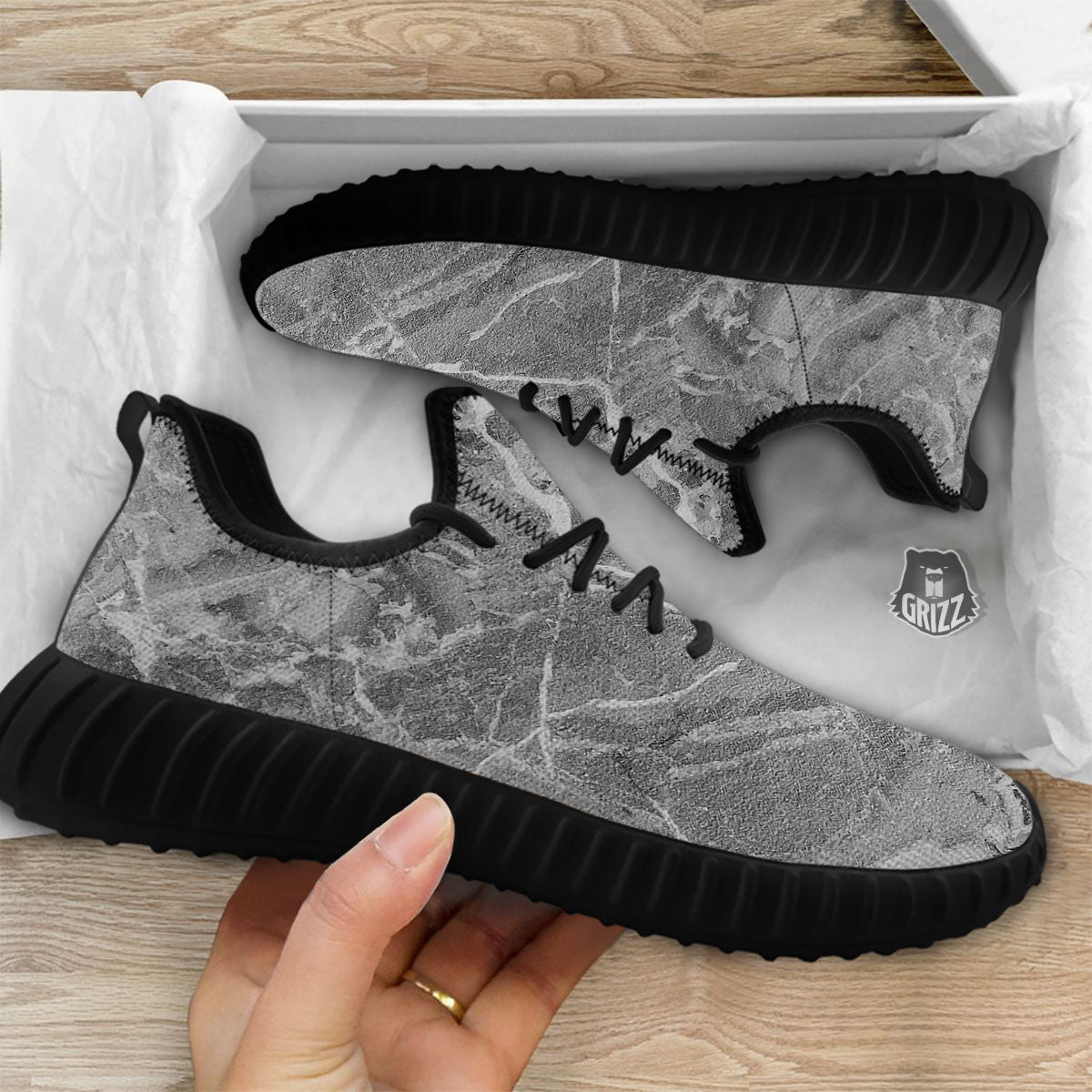 Marble Grey Print Black Walking Shoes-grizzshop