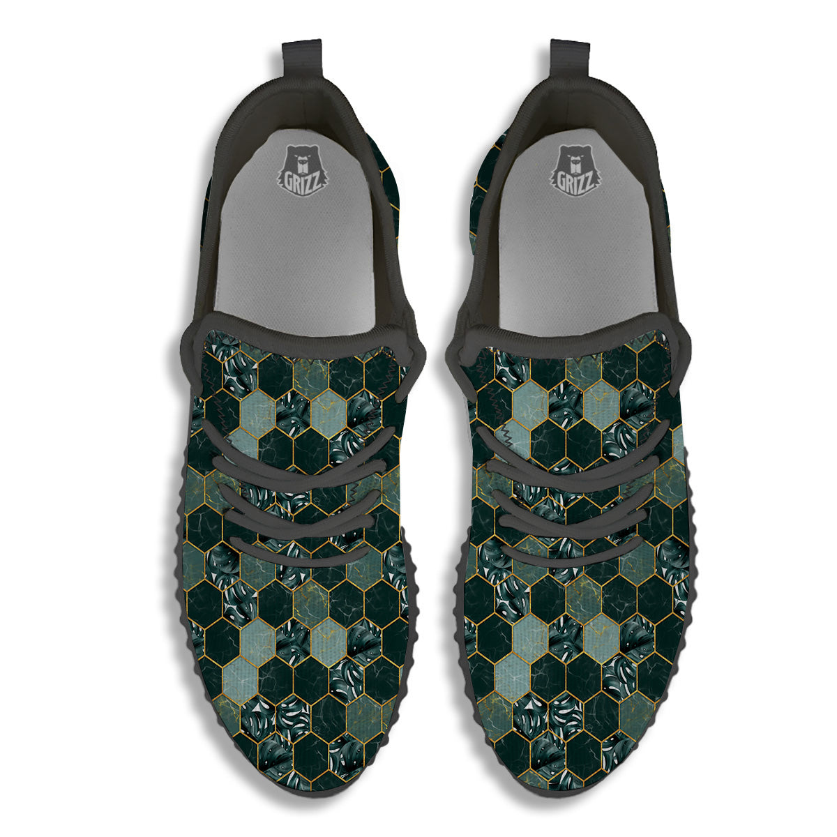 Marble Hexagon Green Tropical Print Pattern Black Walking Shoes-grizzshop