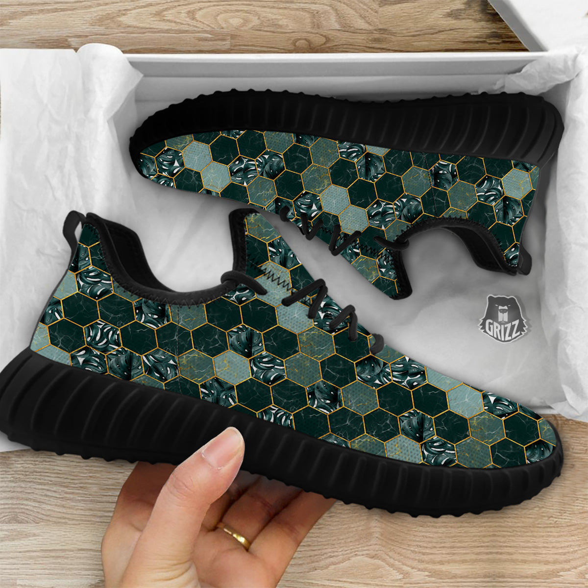 Marble Hexagon Green Tropical Print Pattern Black Walking Shoes-grizzshop