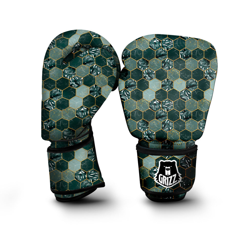 Marble Hexagon Green Tropical Print Pattern Boxing Gloves-grizzshop