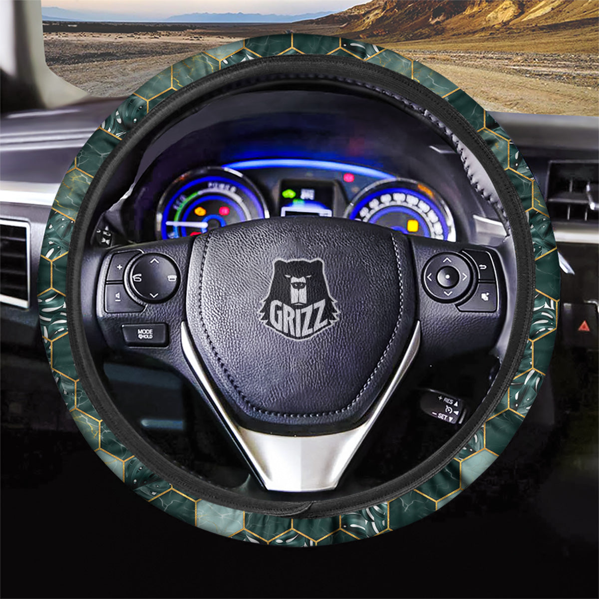 Marble Hexagon Green Tropical Print Pattern Car Steering Wheel Cover-grizzshop