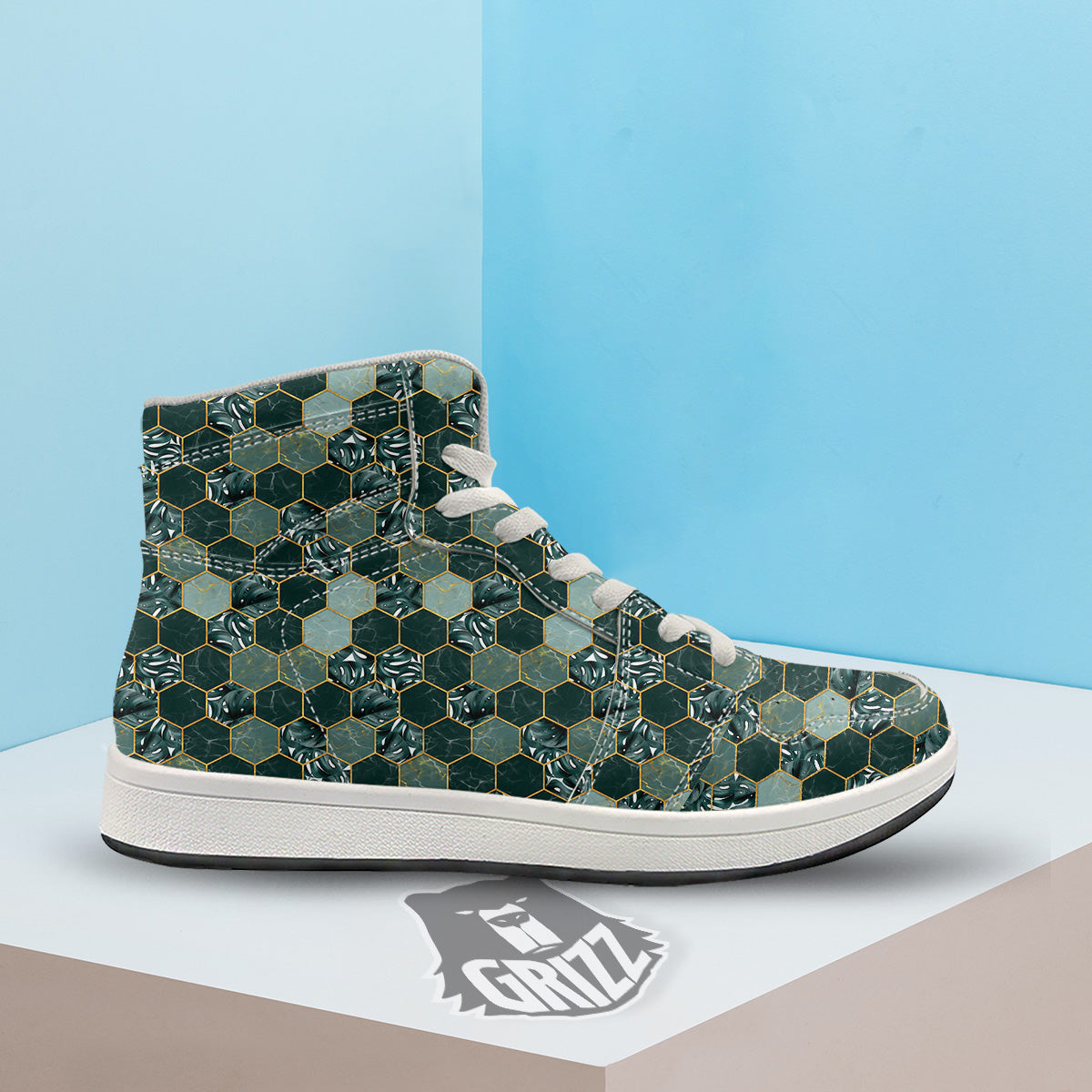 Marble Hexagon Green Tropical Print Pattern High Top Sneakers-grizzshop