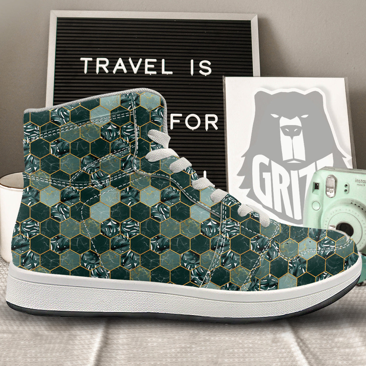 Marble Hexagon Green Tropical Print Pattern High Top Sneakers-grizzshop