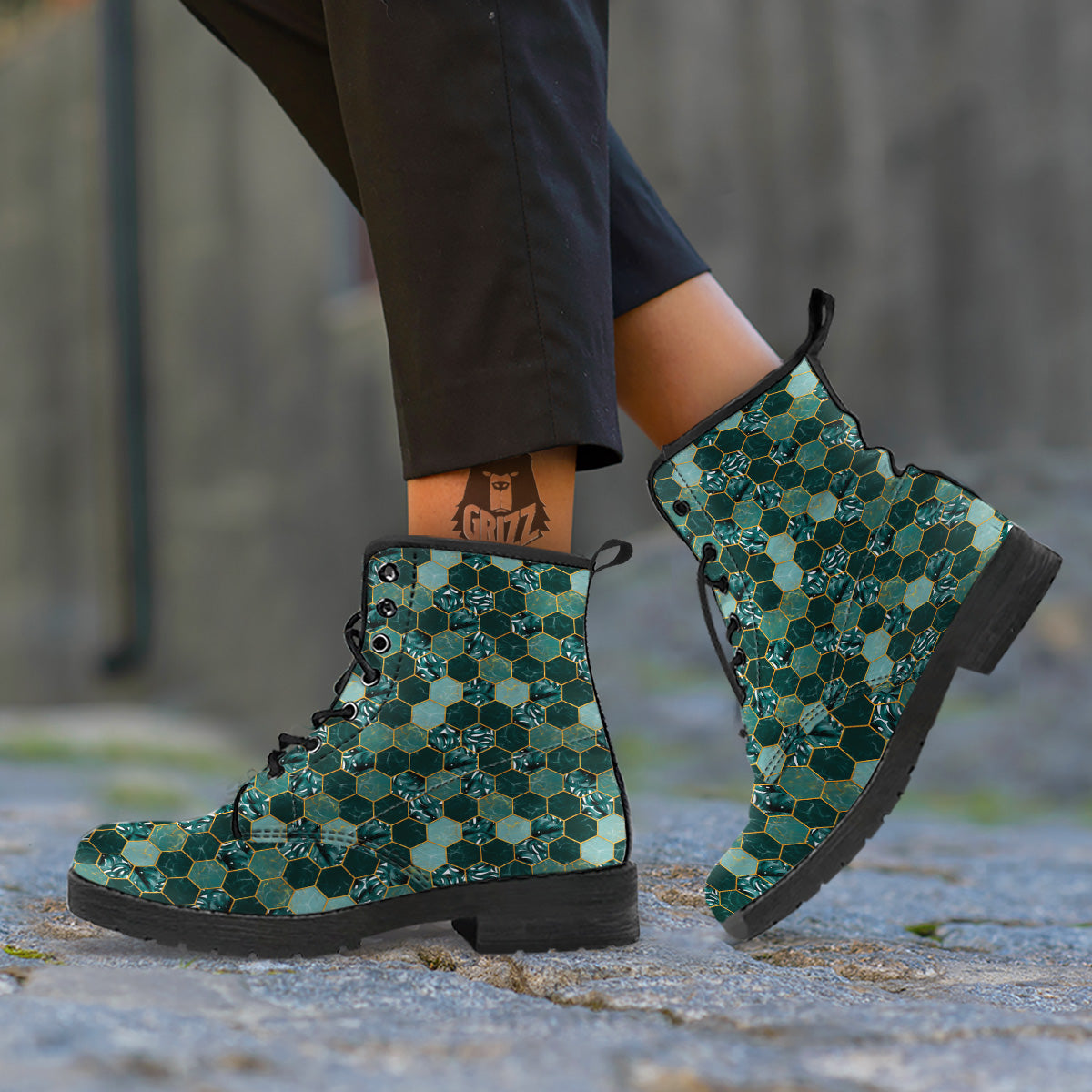 Marble Hexagon Green Tropical Print Pattern Leather Boots-grizzshop